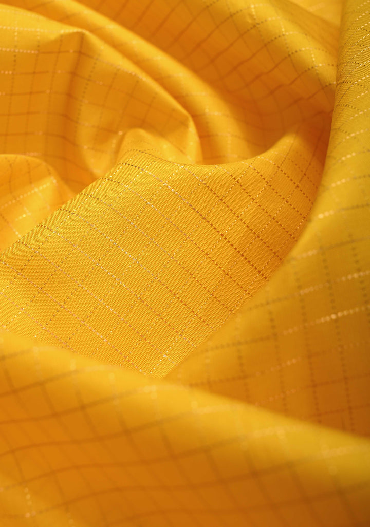 Unique Sunflower Yellow Pure Kanjivaram Soft Silk Saree with Podi-Kattam Zari Checks and Contrast Rettiapet Zari Border | SILK MARK CERTIFIED | SHOBITAM