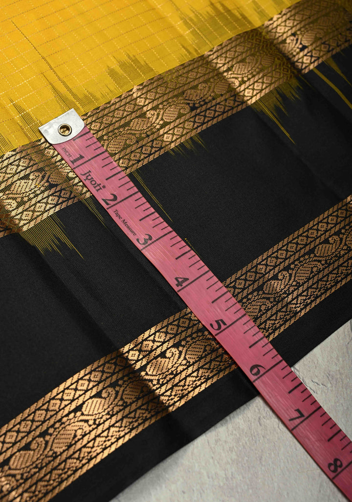 Unique Sunflower Yellow Pure Kanjivaram Soft Silk Saree with Podi-Kattam Zari Checks and Contrast Rettiapet Zari Border | SILK MARK CERTIFIED | SHOBITAM
