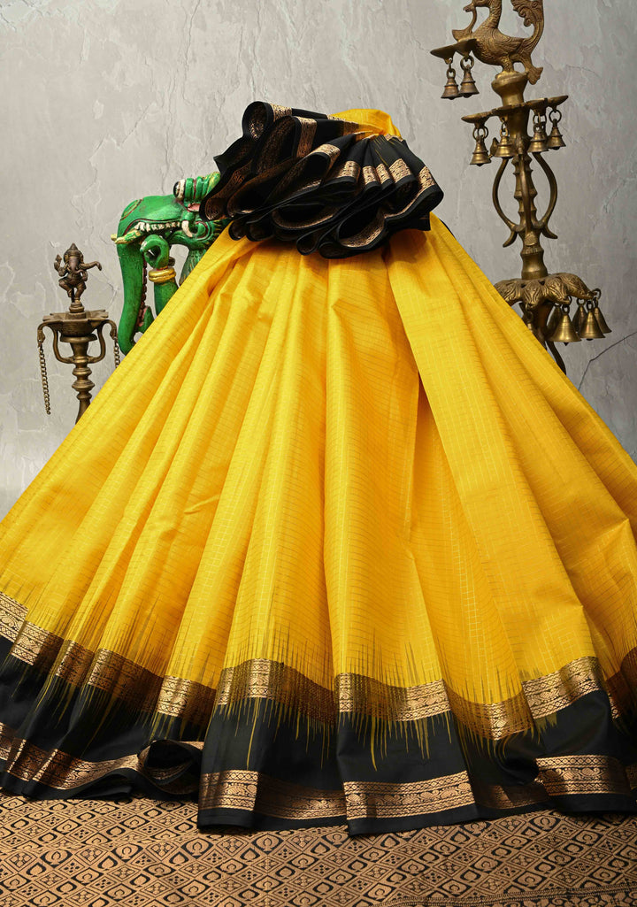 Unique Sunflower Yellow Pure Kanjivaram Soft Silk Saree with Podi-Kattam Zari Checks and Contrast Rettiapet Zari Border | SILK MARK CERTIFIED | SHOBITAM