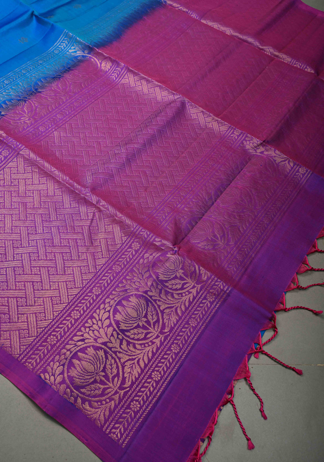 Cerulean Blue Kanjivaram Soft Silk Saree with Floral Zari Buttas and Contrast Zari Border | SILK MARK CERTIFIED | SHOBITAM