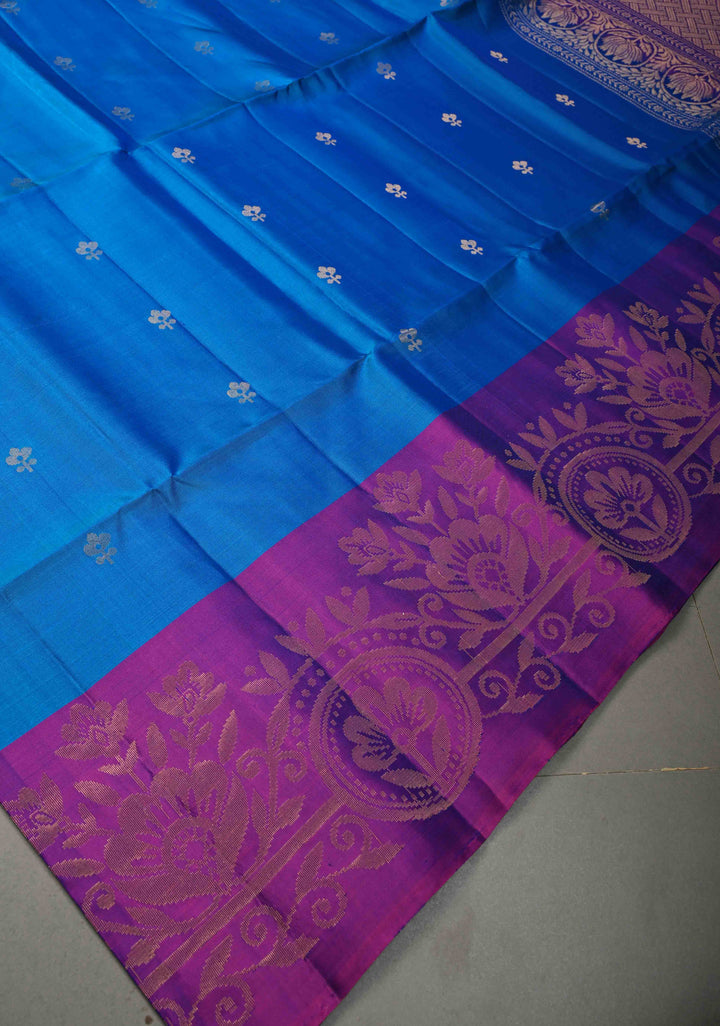 Cerulean Blue Kanjivaram Soft Silk Saree with Floral Zari Buttas and Contrast Zari Border | SILK MARK CERTIFIED | SHOBITAM