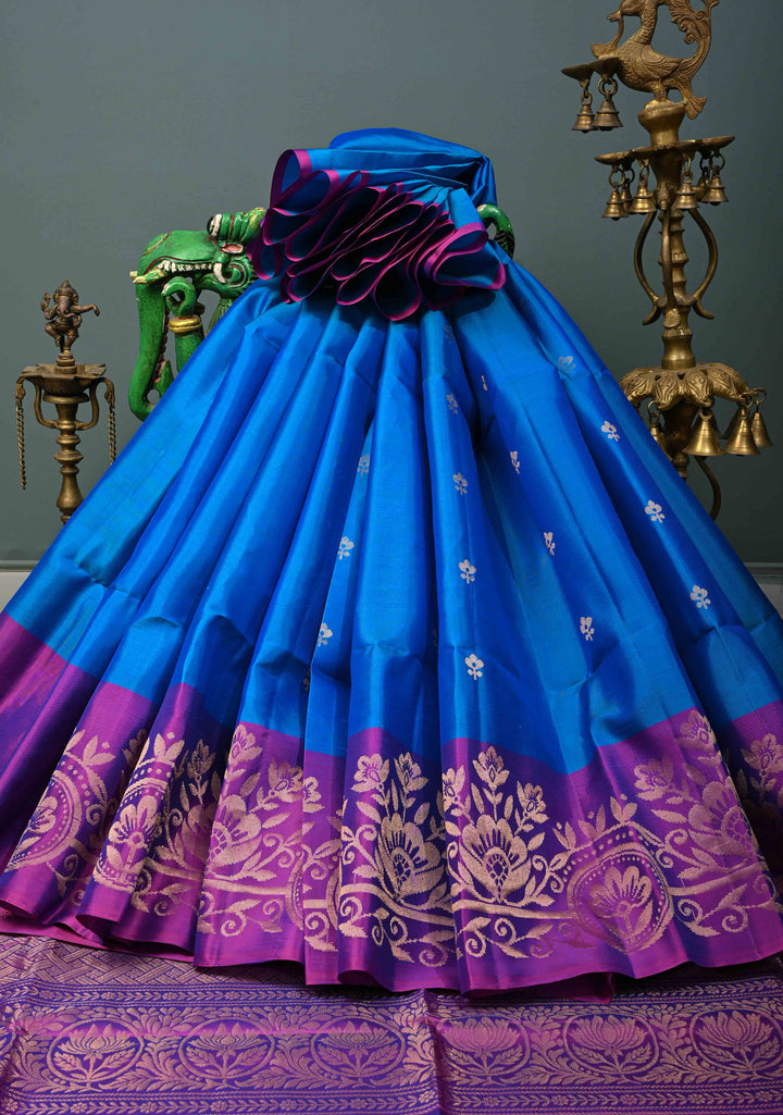 Cerulean Blue Kanjivaram Soft Silk Saree with Floral Zari Buttas and Contrast Zari Border | SILK MARK CERTIFIED | SHOBITAM