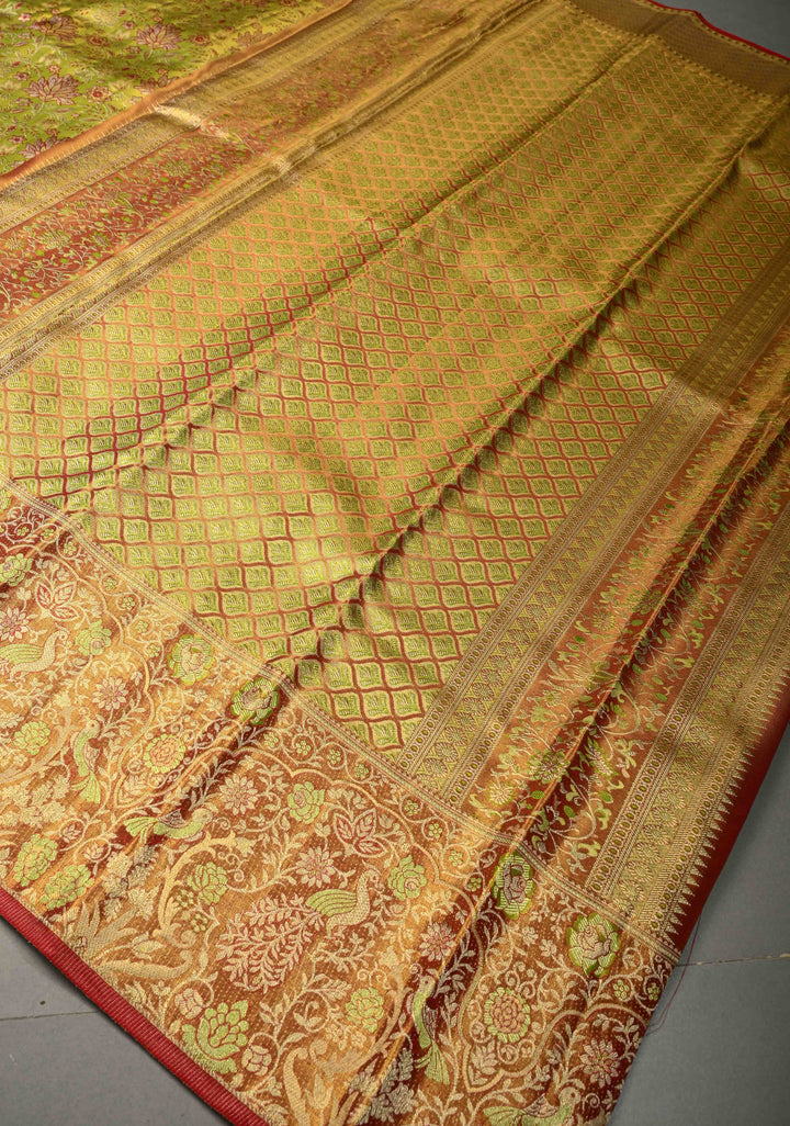 Chartreuse Tissue Kanjivaram Pure Silk Saree with Meenakari Floral Brocade Jaal and Zari Border | SILK MARK CERTIFIED | SHOBITAM