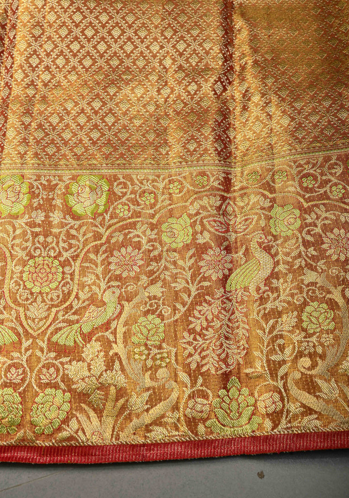 Chartreuse Tissue Kanjivaram Pure Silk Saree with Meenakari Floral Brocade Jaal and Zari Border | SILK MARK CERTIFIED | SHOBITAM