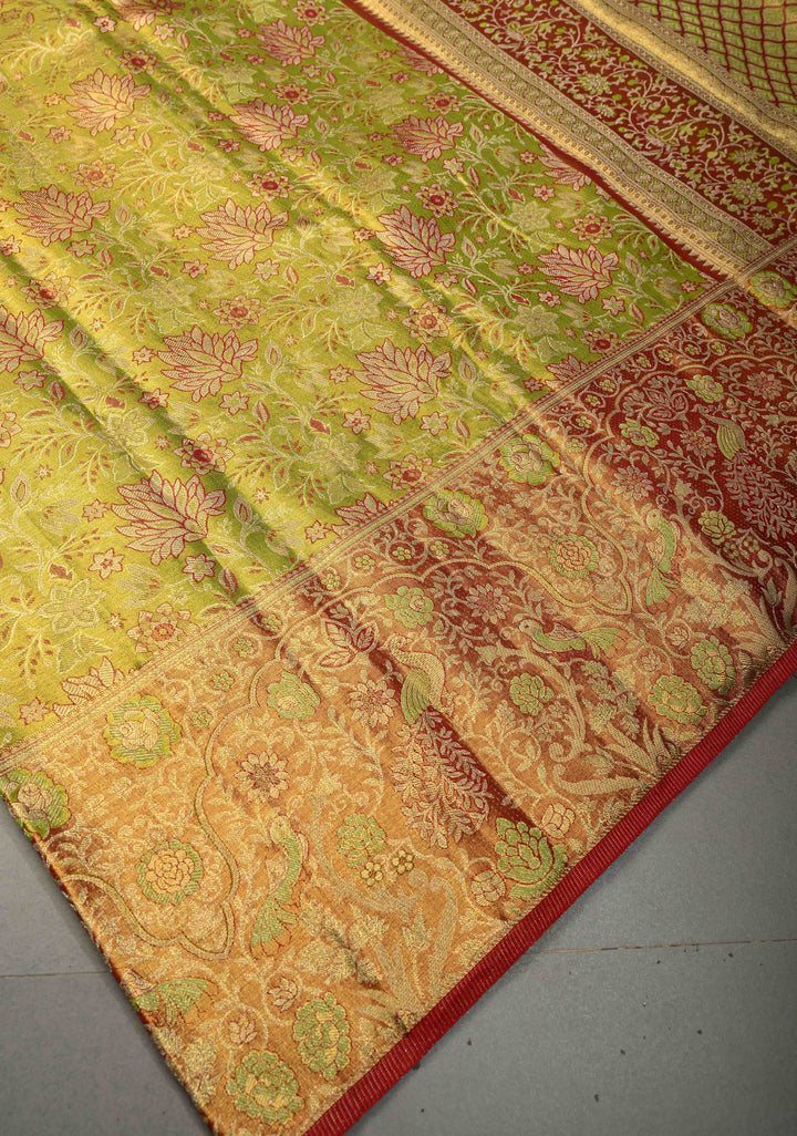Chartreuse Tissue Kanjivaram Pure Silk Saree with Meenakari Floral Brocade Jaal and Zari Border | SILK MARK CERTIFIED | SHOBITAM