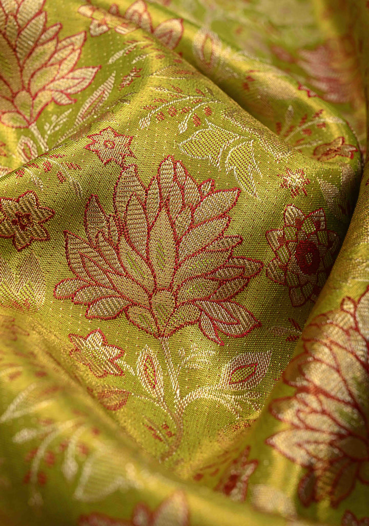 Chartreuse Tissue Kanjivaram Pure Silk Saree with Meenakari Floral Brocade Jaal and Zari Border | SILK MARK CERTIFIED | SHOBITAM
