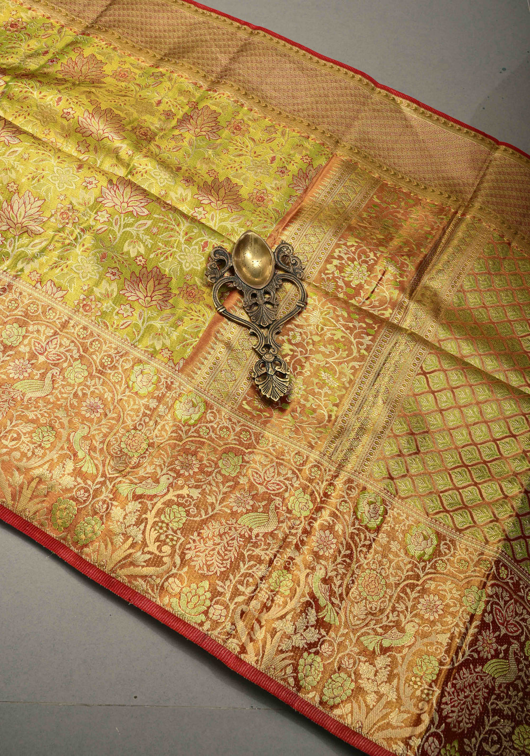 Chartreuse Tissue Kanjivaram Pure Silk Saree with Meenakari Floral Brocade Jaal and Zari Border | SILK MARK CERTIFIED | SHOBITAM
