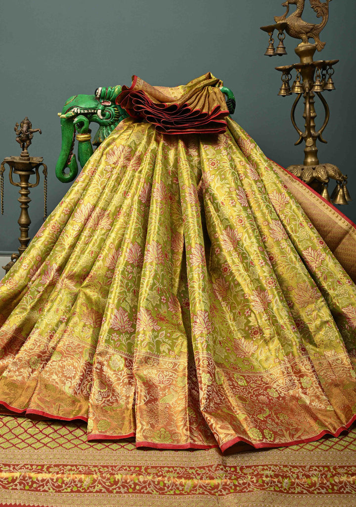 Chartreuse Tissue Kanjivaram Pure Silk Saree with Meenakari Floral Brocade Jaal and Zari Border | SILK MARK CERTIFIED | SHOBITAM
