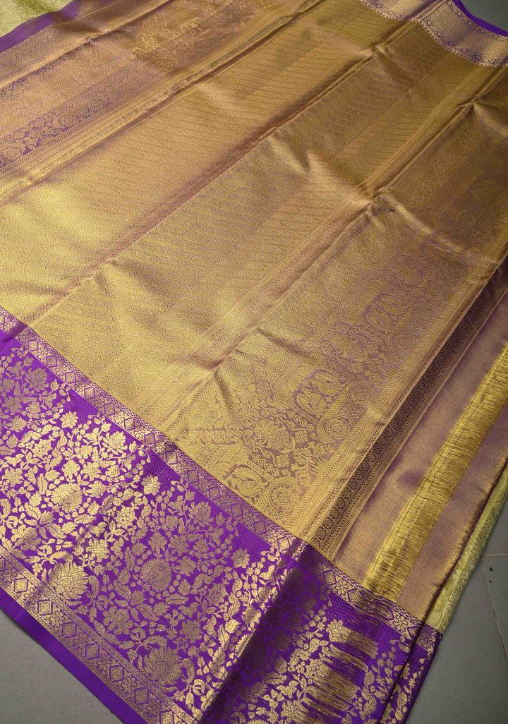 Golden Yellow Tissue Kanjivaram Pure Silk Saree with Floral Brocade Jaal and Contrast Zari Border | SILK MARK CERTIFIED | SHOBITAM