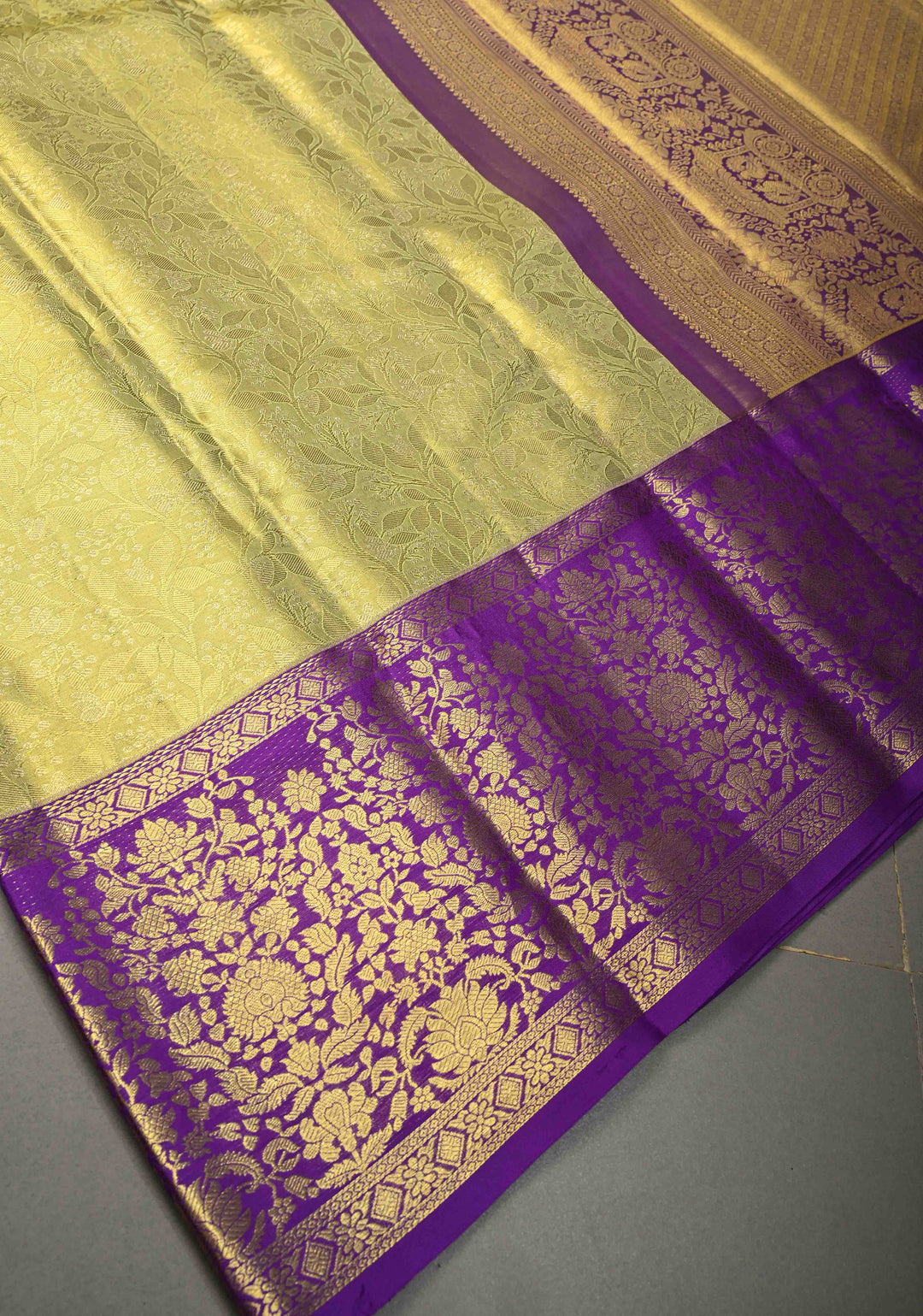 Golden Yellow Tissue Kanjivaram Pure Silk Saree with Floral Brocade Jaal and Contrast Zari Border | SILK MARK CERTIFIED | SHOBITAM