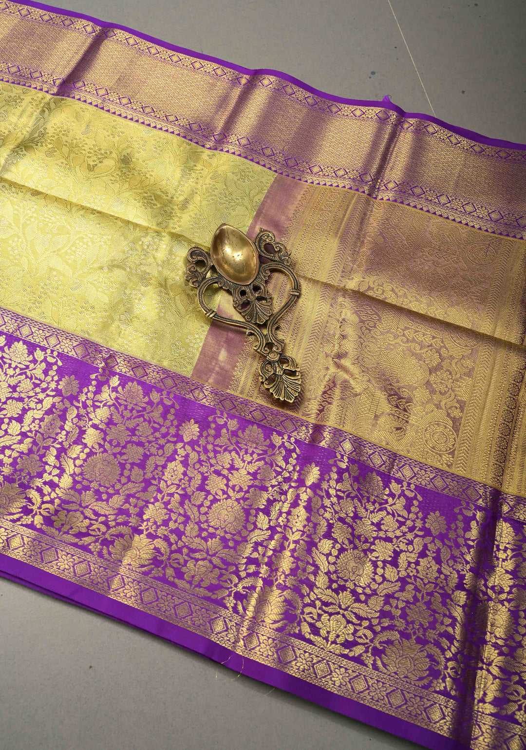 Golden Yellow Tissue Kanjivaram Pure Silk Saree with Floral Brocade Jaal and Contrast Zari Border | SILK MARK CERTIFIED | SHOBITAM