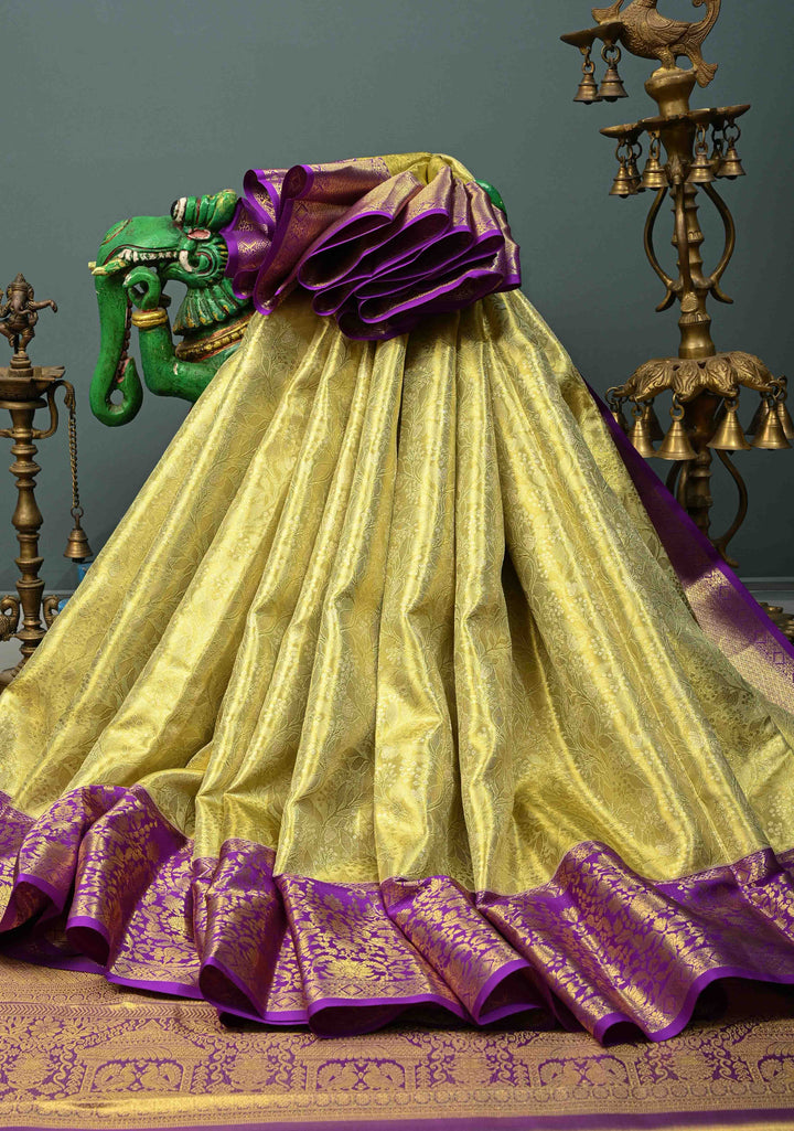 Golden Yellow Tissue Kanjivaram Pure Silk Saree with Floral Brocade Jaal and Contrast Zari Border | SILK MARK CERTIFIED | SHOBITAM