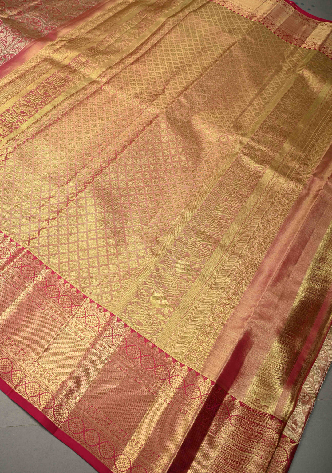 Rani Pink Tissue Kanjivaram Pure Silk Saree with Meenakari Arched Peacock Floral Brocade and Zari Border | SILK MARK CERTIFIED | SHOBITAM