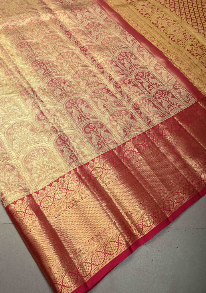 Rani Pink Tissue Kanjivaram Pure Silk Saree with Meenakari Arched Peacock Floral Brocade and Zari Border | SILK MARK CERTIFIED | SHOBITAM