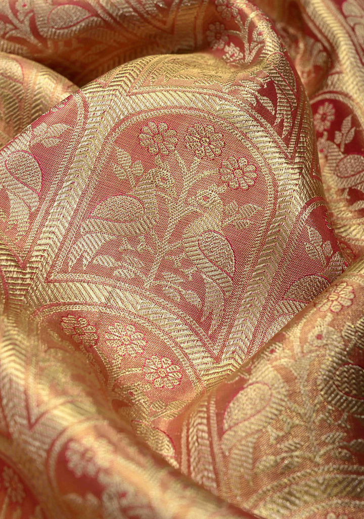 Rani Pink Tissue Kanjivaram Pure Silk Saree with Meenakari Arched Peacock Floral Brocade and Zari Border | SILK MARK CERTIFIED | SHOBITAM