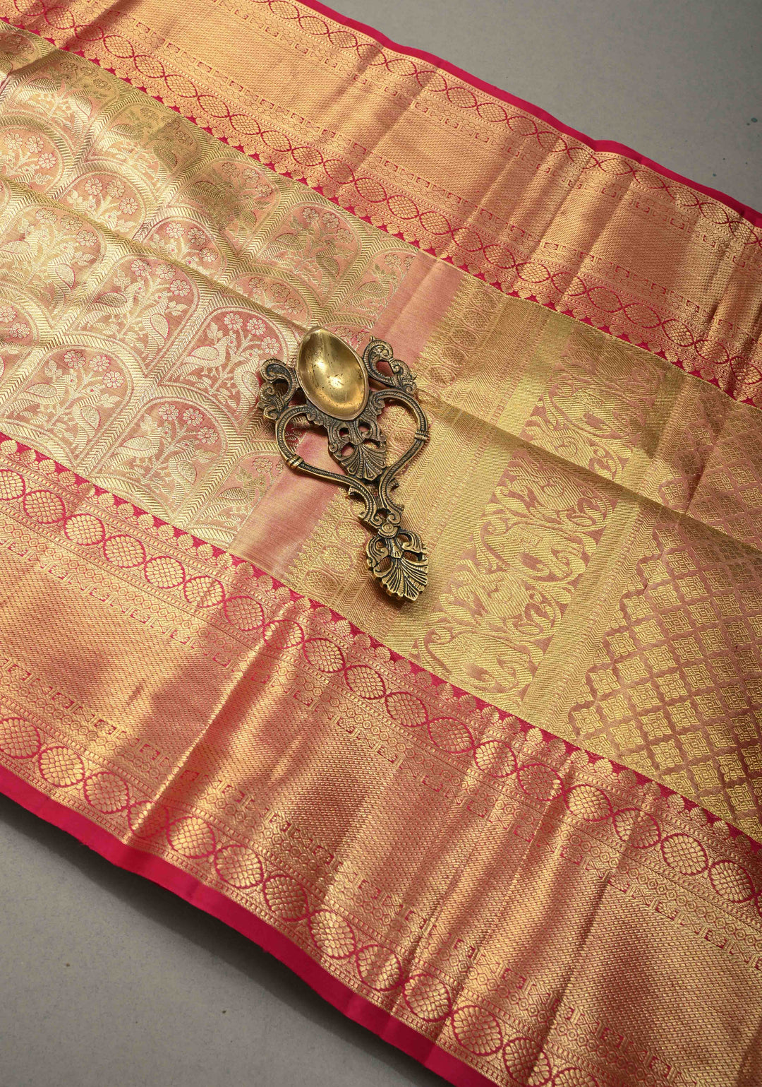 Rani Pink Tissue Kanjivaram Pure Silk Saree with Meenakari Arched Peacock Floral Brocade and Zari Border | SILK MARK CERTIFIED | SHOBITAM