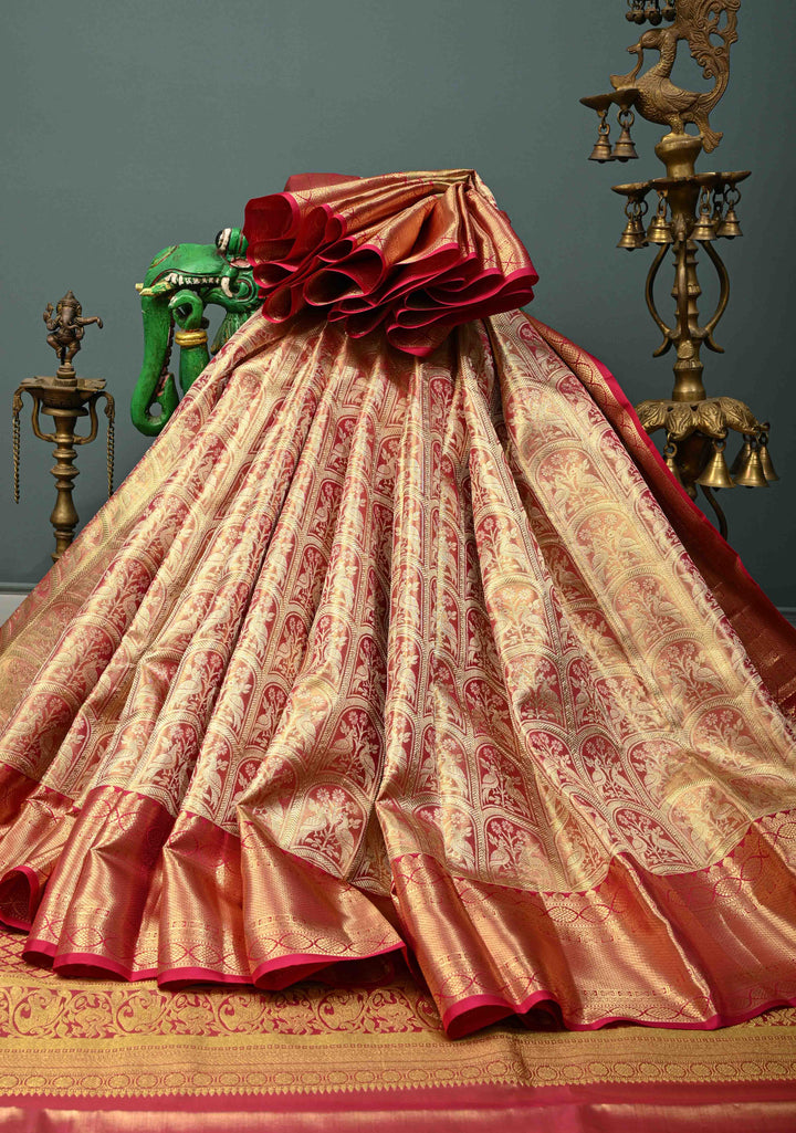 Rani Pink Tissue Kanjivaram Pure Silk Saree with Meenakari Arched Peacock Floral Brocade and Zari Border | SILK MARK CERTIFIED | SHOBITAM