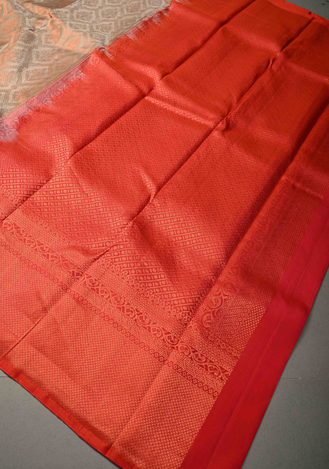 Soft Beige Kanjivaram Soft Silk Saree with Brocade Jaal and Zari Border | SILK MARK CERTIFIED
