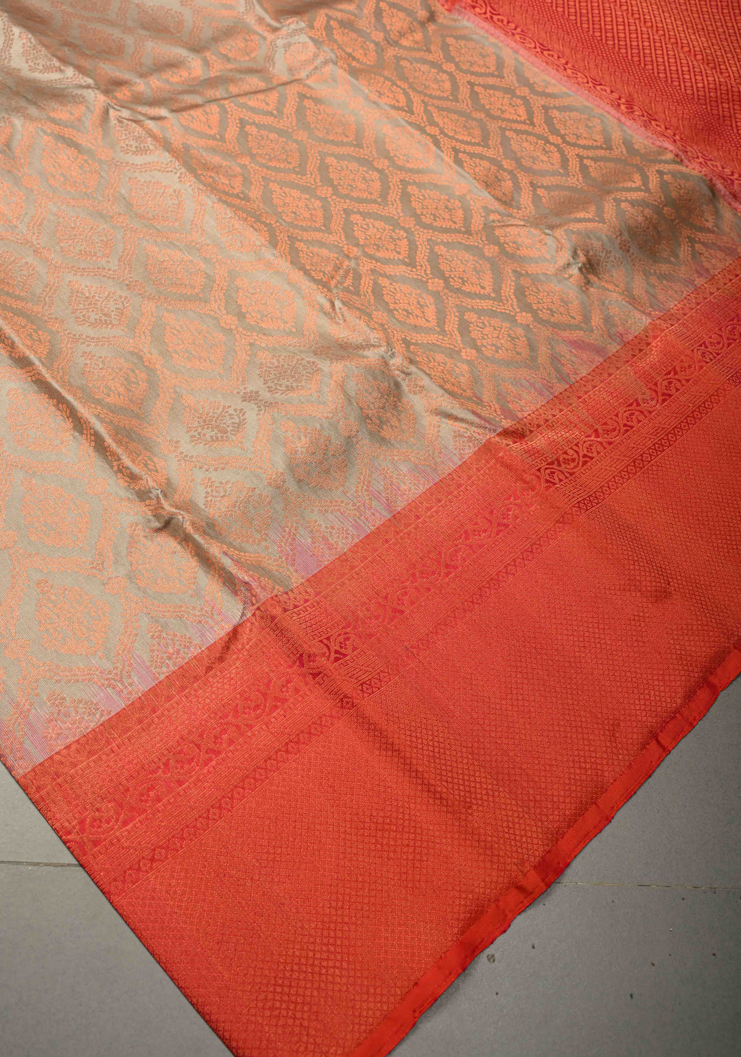 Soft Beige Kanjivaram Soft Silk Saree with Brocade Jaal and Zari Border | SILK MARK CERTIFIED