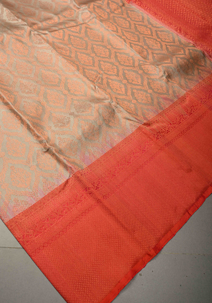 Soft Beige Kanjivaram Soft Silk Saree with Brocade Jaal and Zari Border | SILK MARK CERTIFIED