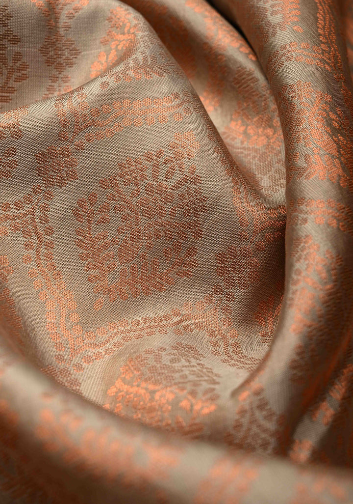 Soft Beige Kanjivaram Soft Silk Saree with Brocade Jaal and Zari Border | SILK MARK CERTIFIED