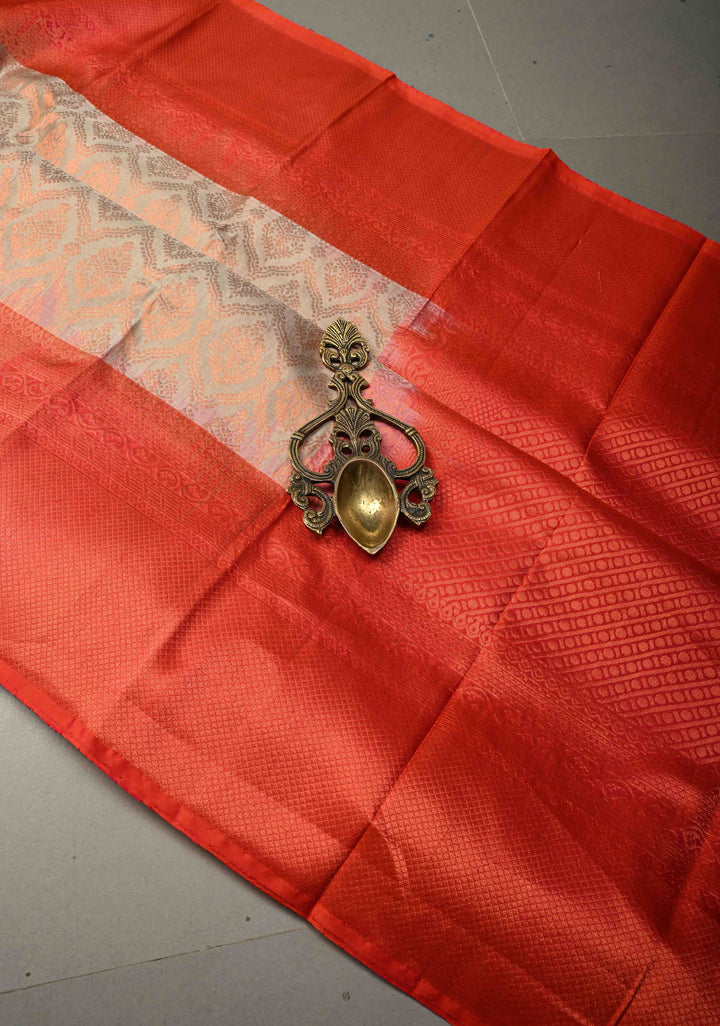 Soft Beige Kanjivaram Soft Silk Saree with Brocade Jaal and Zari Border | SILK MARK CERTIFIED