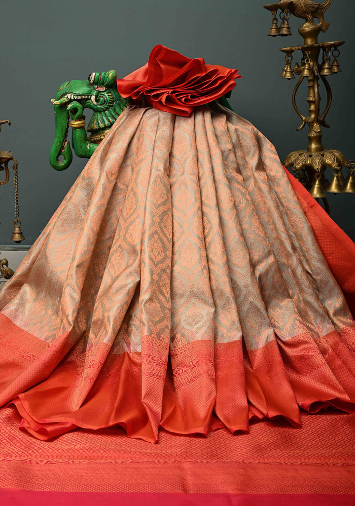 Soft Beige Kanjivaram Soft Silk Saree with Brocade Jaal and Zari Border | SILK MARK CERTIFIED