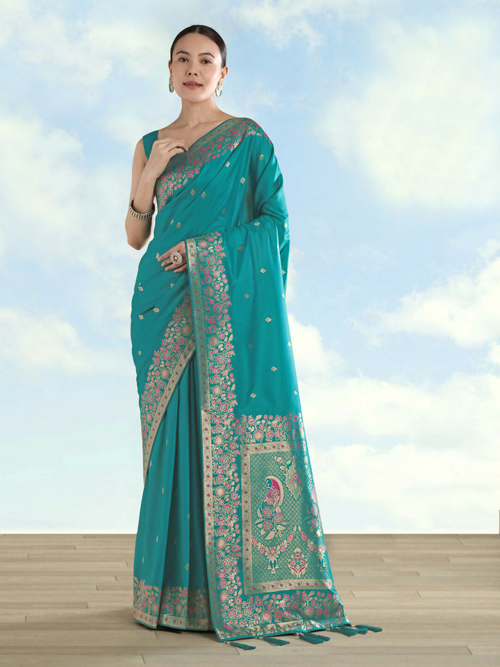 Turquoise Semi Banarasi Satin silk Saree With Zari Border And Butti Work | SHOBITAM