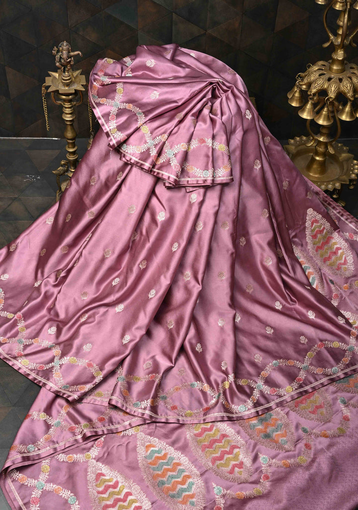 Light Purple Banarasi Semi Mashru Silk Saree with Floral Zari Butta and Hand Brushed Dye On Scallop Border