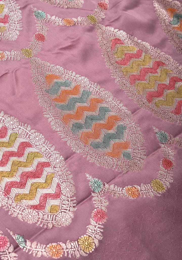 Light Purple Banarasi Semi Mashru Silk Saree with Floral Zari Butta and Hand Brushed Dye On Scallop Border