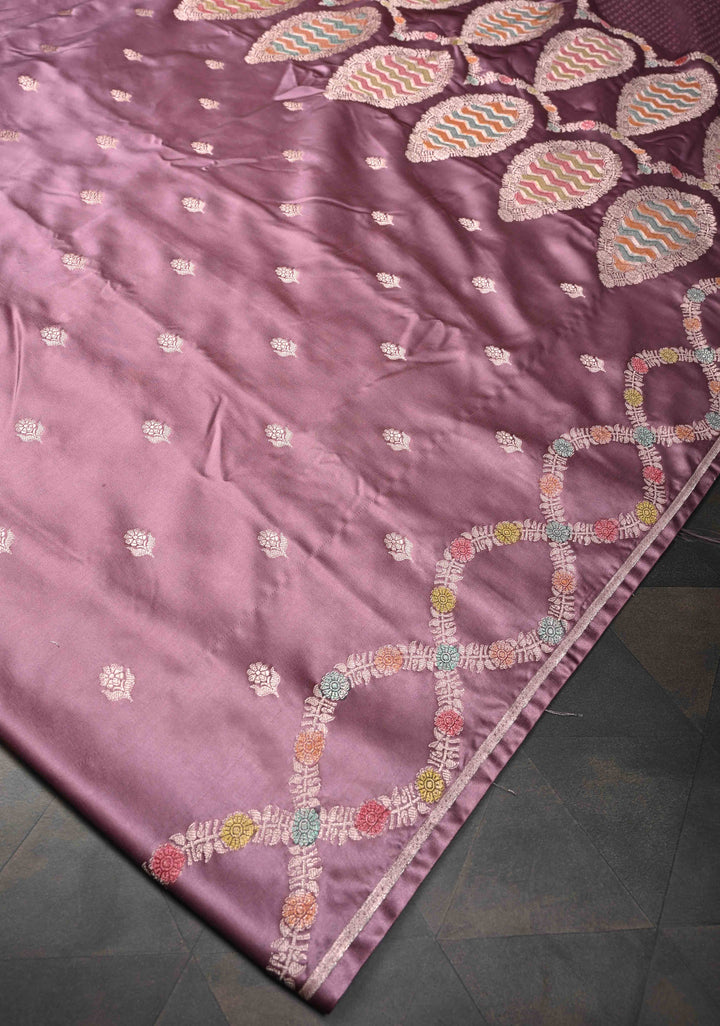 Light Purple Banarasi Semi Mashru Silk Saree with Floral Zari Butta and Hand Brushed Dye On Scallop Border