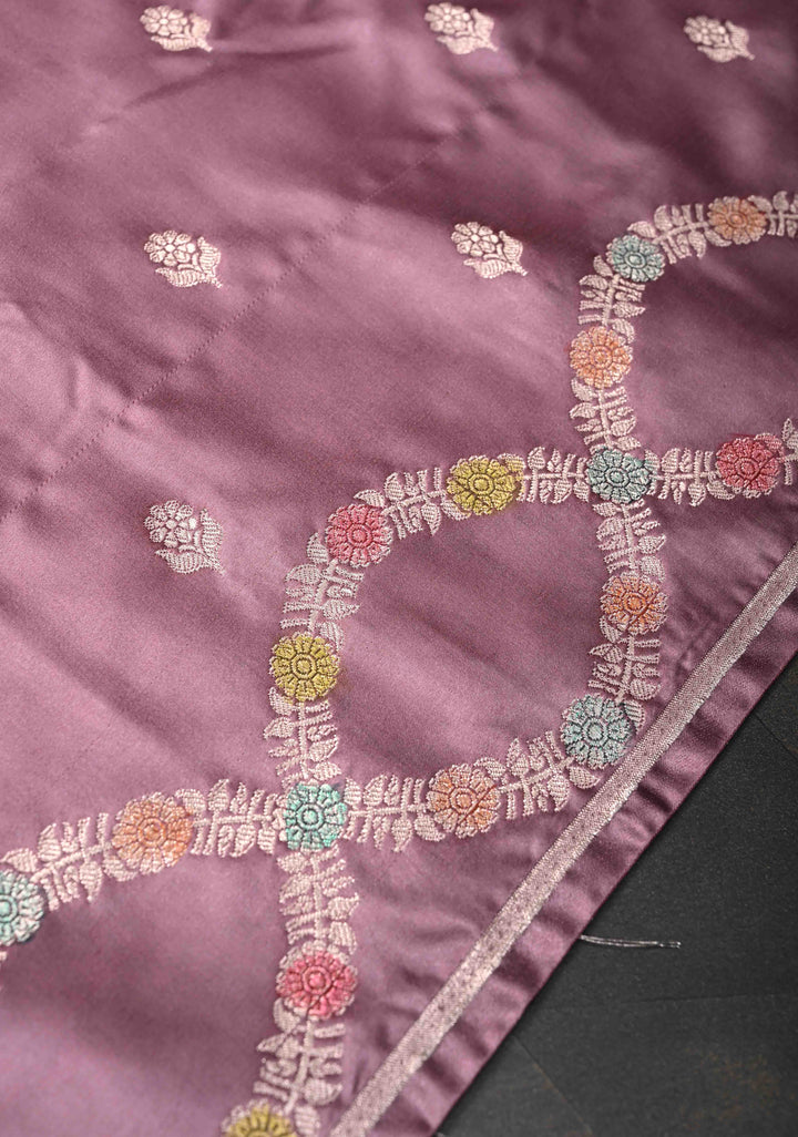 Light Purple Banarasi Semi Mashru Silk Saree with Floral Zari Butta and Hand Brushed Dye On Scallop Border