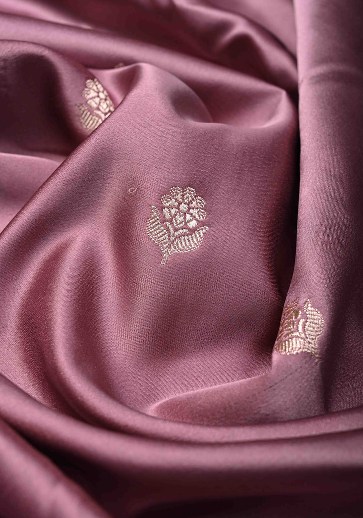 Light Purple Banarasi Semi Mashru Silk Saree with Floral Zari Butta and Hand Brushed Dye On Scallop Border