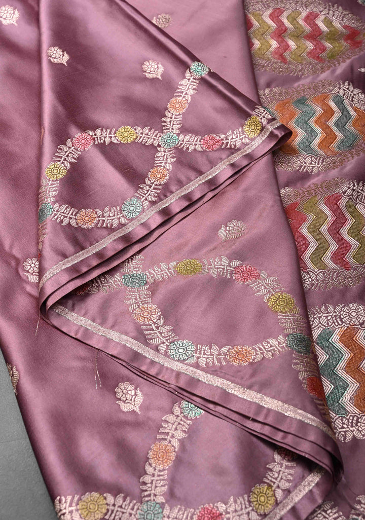 Light Purple Banarasi Semi Mashru Silk Saree with Floral Zari Butta and Hand Brushed Dye On Scallop Border
