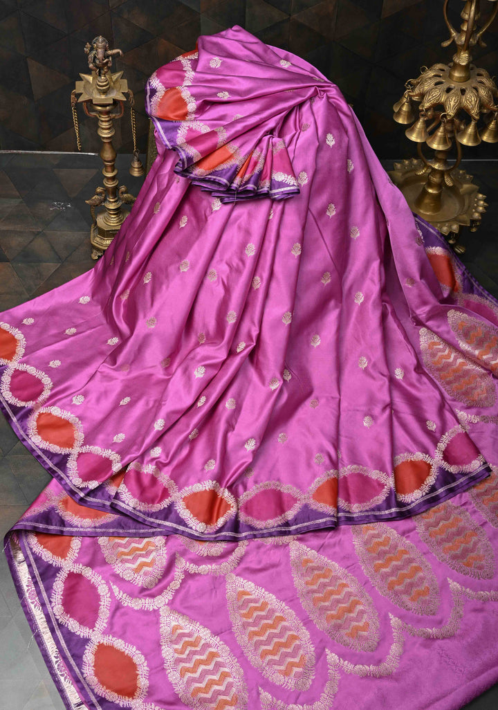 Purple Plum Banarasi Semi Mashru Silk Saree with Floral Zari Butta and Meenakari Scallop Border