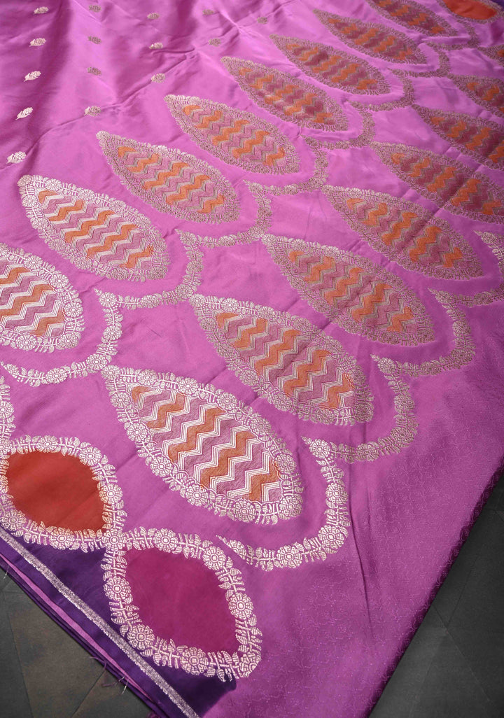 Purple Plum Banarasi Semi Mashru Silk Saree with Floral Zari Butta and Meenakari Scallop Border
