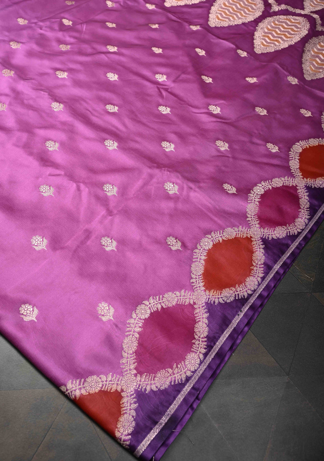 Purple Plum Banarasi Semi Mashru Silk Saree with Floral Zari Butta and Meenakari Scallop Border