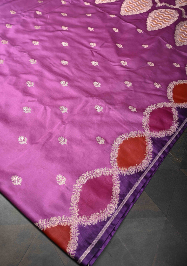 Purple Plum Banarasi Semi Mashru Silk Saree with Floral Zari Butta and Meenakari Scallop Border