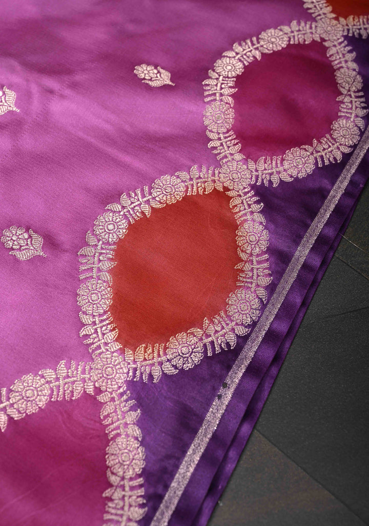 Purple Plum Banarasi Semi Mashru Silk Saree with Floral Zari Butta and Meenakari Scallop Border