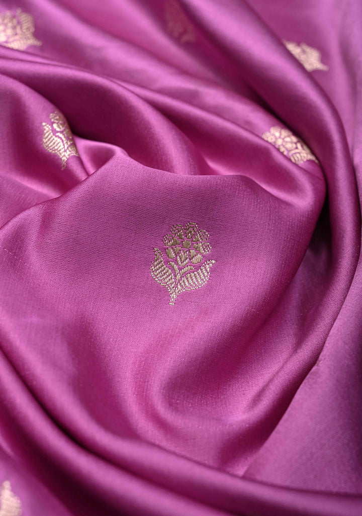 Purple Plum Banarasi Semi Mashru Silk Saree with Floral Zari Butta and Meenakari Scallop Border