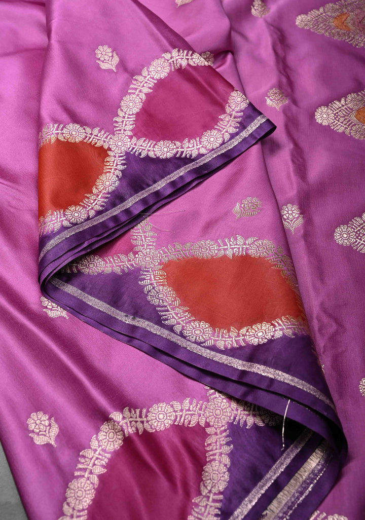 Purple Plum Banarasi Semi Mashru Silk Saree with Floral Zari Butta and Meenakari Scallop Border