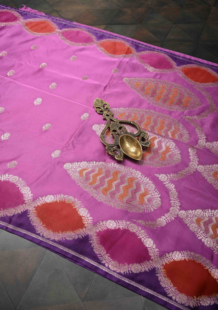 Purple Plum Banarasi Semi Mashru Silk Saree with Floral Zari Butta and Meenakari Scallop Border