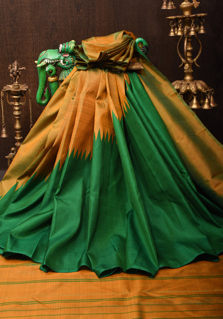 Green Pure Kanjivaram Silk Saree with Musterd Yellow Zariless Rising temple border | SILK MARK CERTIFIED
