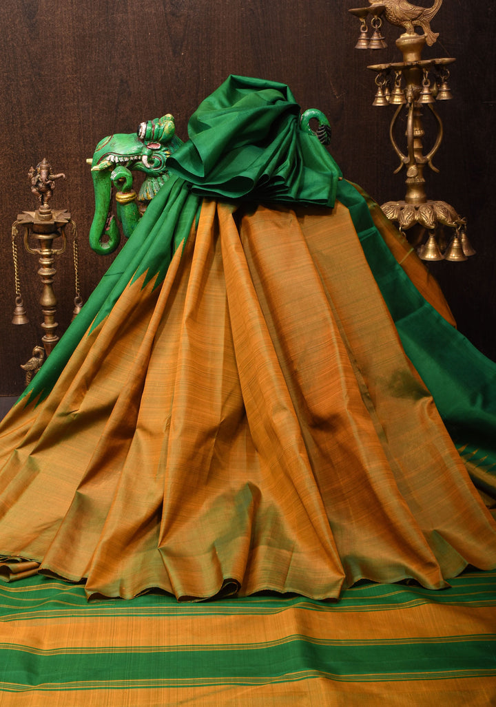 Green Pure Kanjivaram Silk Saree with Musterd Yellow Zariless Rising temple border | SILK MARK CERTIFIED