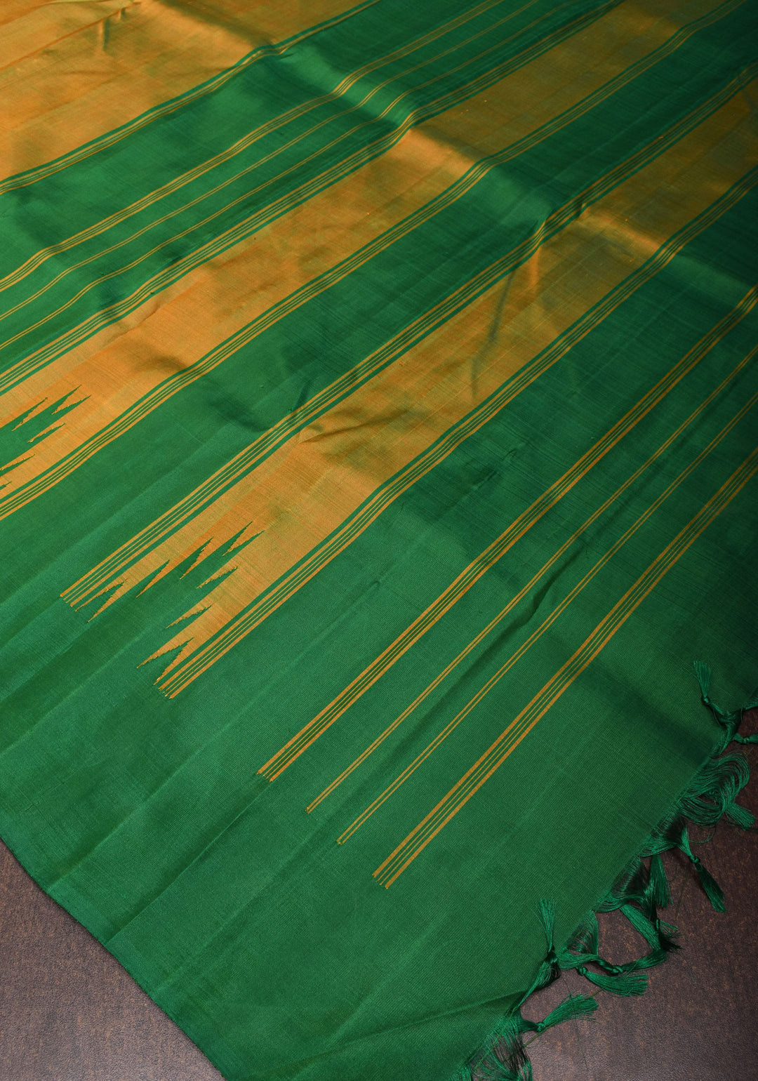 Green Pure Kanjivaram Silk Saree with Musterd Yellow Zariless Rising temple border | SILK MARK CERTIFIED