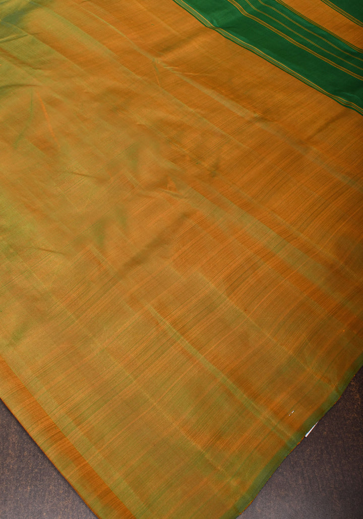 Green Pure Kanjivaram Silk Saree with Musterd Yellow Zariless Rising temple border | SILK MARK CERTIFIED
