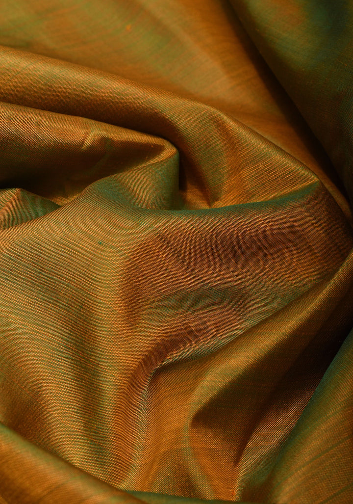 Green Pure Kanjivaram Silk Saree with Musterd Yellow Zariless Rising temple border | SILK MARK CERTIFIED