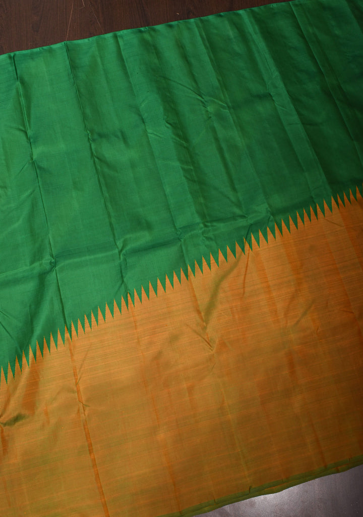 Green Pure Kanjivaram Silk Saree with Musterd Yellow Zariless Rising temple border | SILK MARK CERTIFIED