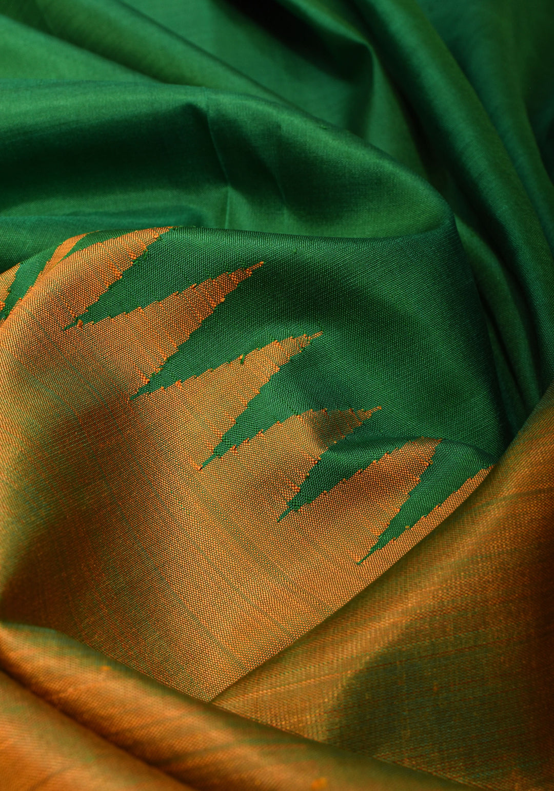 Green Pure Kanjivaram Silk Saree with Musterd Yellow Zariless Rising temple border | SILK MARK CERTIFIED