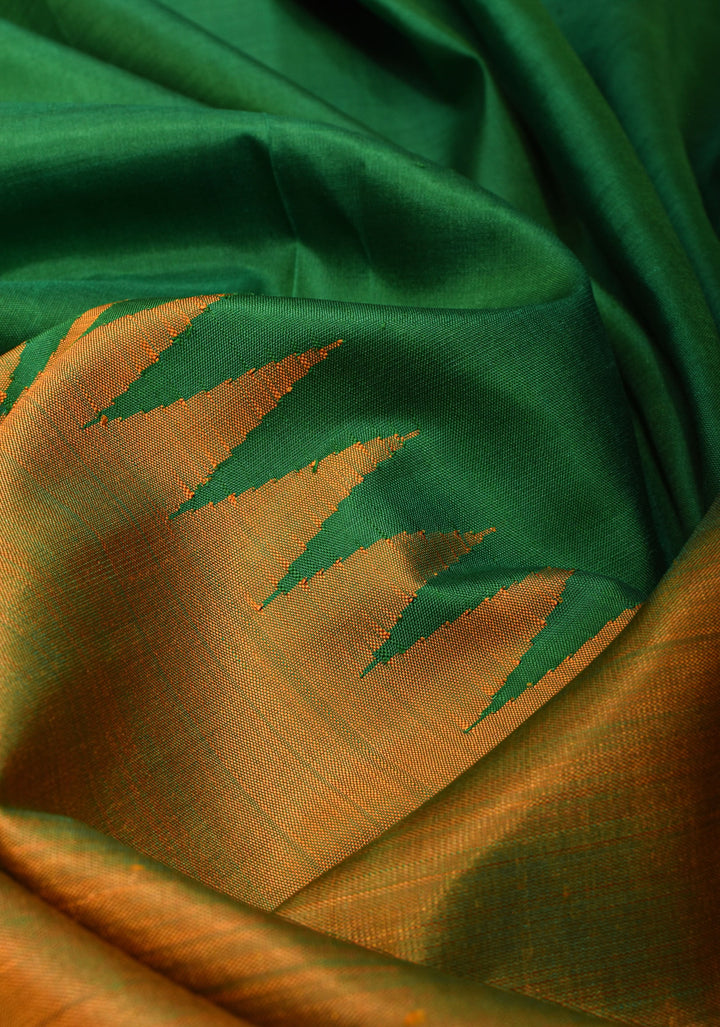 Green Pure Kanjivaram Silk Saree with Musterd Yellow Zariless Rising temple border | SILK MARK CERTIFIED